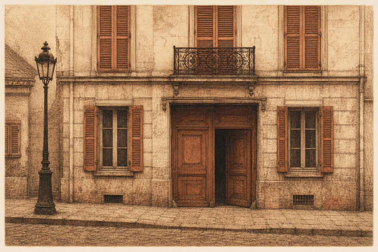 Engraving of an ordinary Paris façade: shuttered windows, one iron balcony, a heavy carriage door standing ajar.