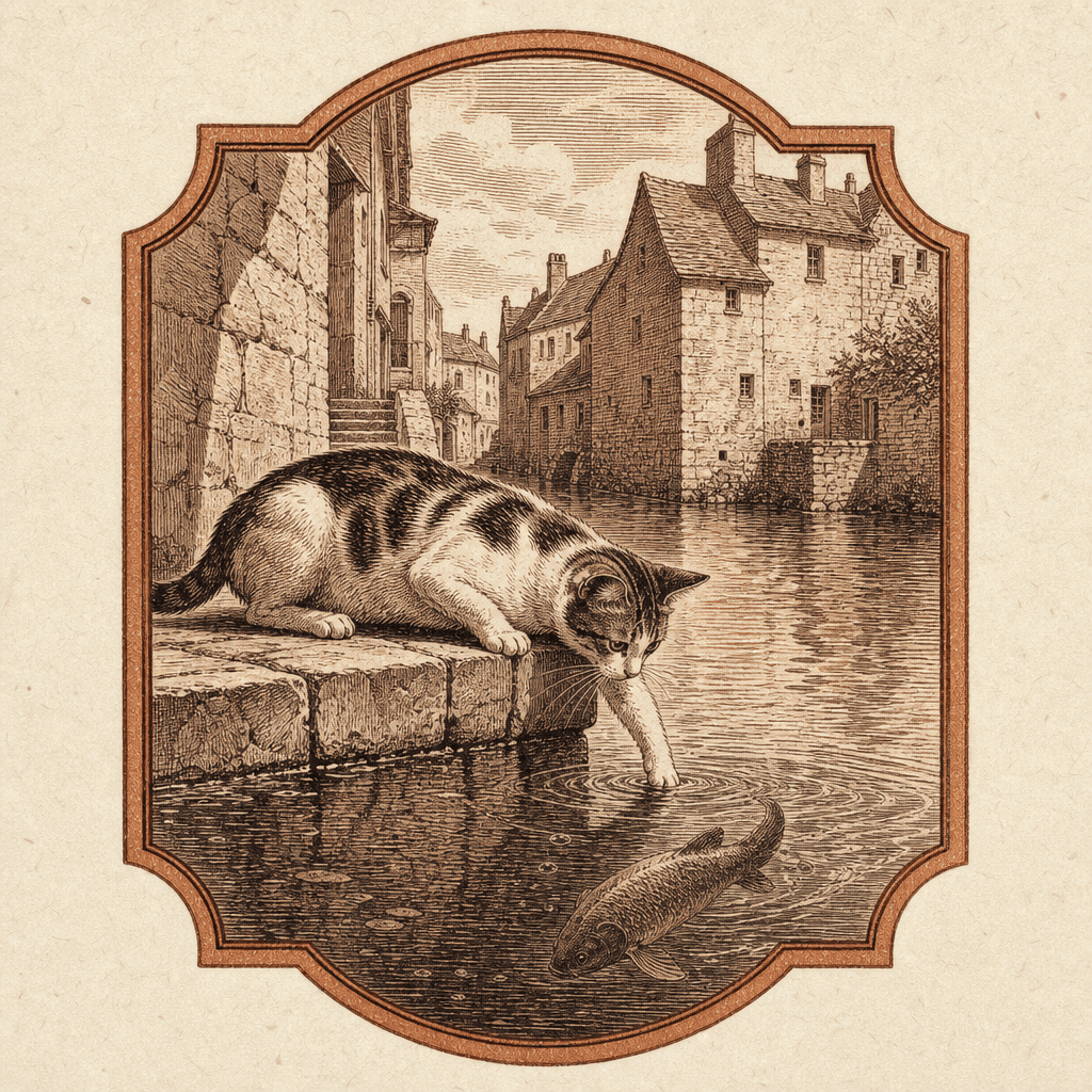 Engraved shop sign of a cat crouched on a stone quay, one paw hooked into the water at a fish.