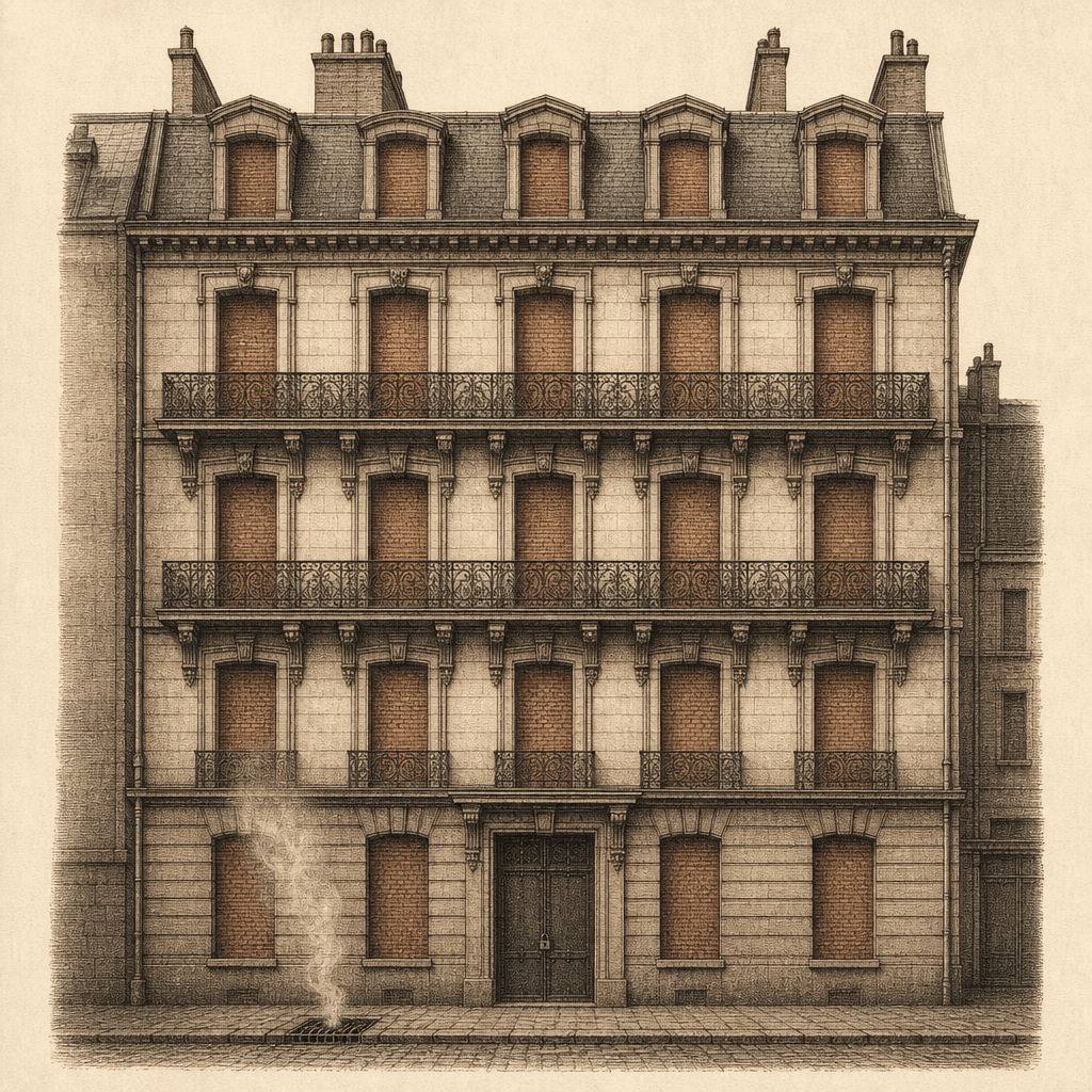 Engraving of a Haussmann façade whose windows are all bricked up and blind, with smoke rising from a pavement grating.